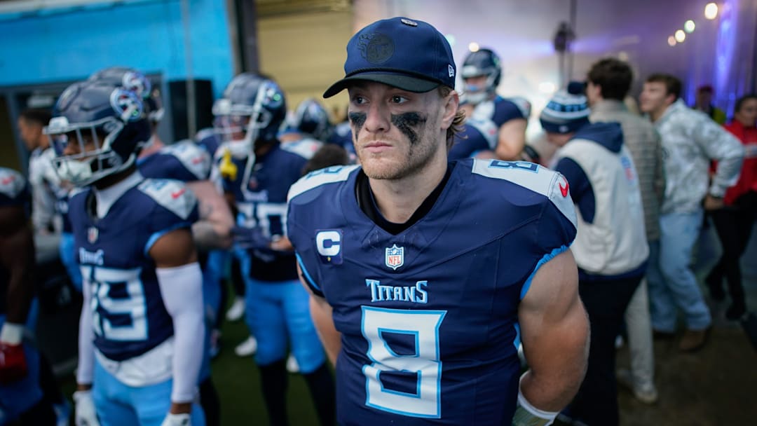 Tennessee Titans quarterback Will Levis (8) waits to enter the field before the Titans play the Bengals at Nissan Stadium in Nashville, Tenn., Sunday, Dec. 15, 2024.
