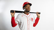 Feb 18, 2025; Goodyear, AZ, USA; Cincinnati Reds infielder Cam Collier poses for a portrait during Media Day at the Cincinnati Reds Development Complex. Mandatory Credit: Mark J. Rebilas-Imagn Images