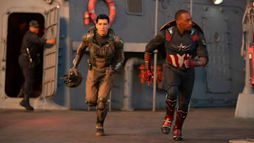 (L-R) The Falcon/Joaquin Torres (Danny Ramirez) and Captain America/Sam Wilson (Anthony Mackie) in Marvel Studios' CAPTAIN AMERICA: BRAVE NEW WORLD. Photo by Eli Adé. © 2024 MARVEL.