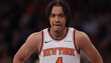 Nov 18, 2024; New York, New York, USA; New York Knicks guard Pacome Dadiet (4) during the third quarter against the Washington Wizards at Madison Square Garden. Mandatory Credit: Brad Penner-Imagn Images