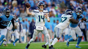 Seattle Seahawks quarterback Sam Darnold (14) passes during the fourth quarter against the Tennessee Titans at Nissan Stadium in Nashville, Tenn., Sunday, Nov. 23, 2025.