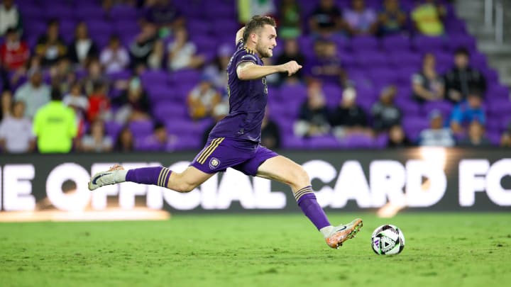 Aug 4, 2024; Orlando, Florida, USA; Orlando City forward Duncan McGuire (13) makes a penalty kick in overtime against the Atletico de San Luis during the Leagues Cup group stage at INTER&CO Stadium. Mandatory Credit: Nathan Ray Seebeck-USA TODAY Sports