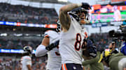 Nov 2, 2025; Cincinnati, Ohio, USA; Chicago Bears tight end Colston Loveland (84) celebrates after scoring a touchdown against the Cincinnati Bengals during the fourth quarter at Paycor Stadium. Mandatory Credit: Joseph Maiorana-Imagn Images