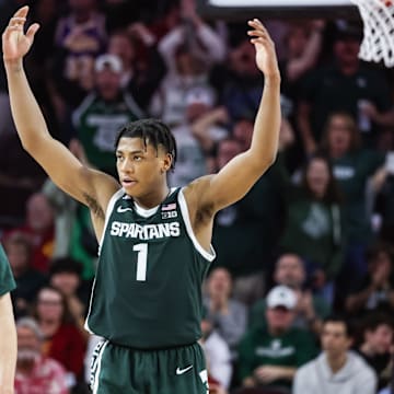 Feb 1, 2025; Los Angeles, California, USA;  Michigan State Spartans guard Jeremy Fears Jr. (1) reacts during the second half push against USC Trojans at Galen Center. Mandatory Credit: William Navarro-Imagn Images
