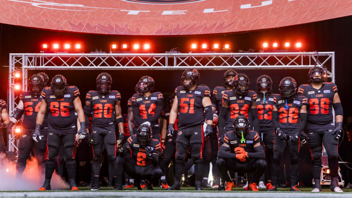 Jun 17, 2023; Vancouver, British Columbia, CAN; The BC Lions prepare to run onto the field prior to the start of their game against the Edmonton Elks at BC Place. Mandatory Credit: Bob Frid-USA TODAY Sports