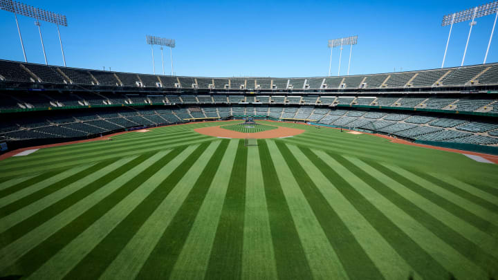 May 26, 2024; Oakland, California, USA; A general view of the Oakland-Alameda County Coliseum from the centerfield bleachers before the game between the Oakland Athletics and the Houston Astros at Oakland-Alameda County Coliseum. Mandatory Credit: Robert Edwards-USA TODAY Sports