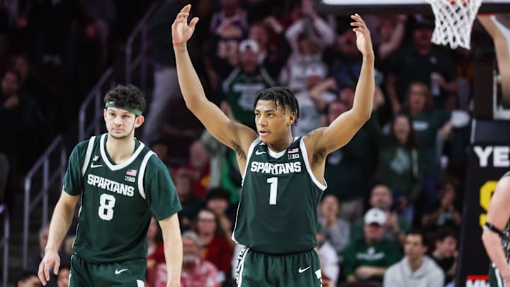 Feb 1, 2025; Los Angeles, California, USA;  Michigan State Spartans guard Jeremy Fears Jr. (1) reacts during the second half push against USC Trojans at Galen Center. Mandatory Credit: William Navarro-Imagn Images