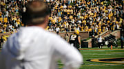 Oct 20, 2024; Columbia, Missouri, USA; Missouri Tigers coach Eli Drinkwitz looks at the field prior to a kickoff against the Auburn Tigers at Faurot Field at Memorial Stadium.