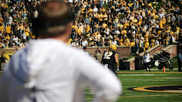 Oct 20, 2024; Columbia, Missouri, USA; Missouri Tigers coach Eli Drinkwitz looks at the field prior to a kickoff against the Auburn Tigers at Faurot Field at Memorial Stadium.