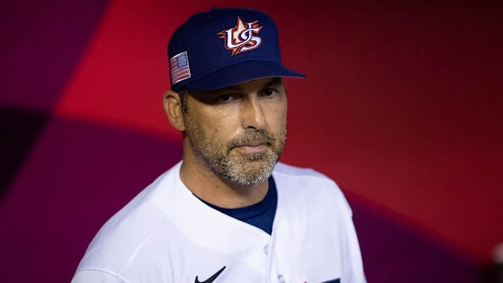 Mar 13, 2023; Phoenix, Arizona, USA; USA manager Mark DeRosa prior to game against Canada during the World Baseball Classic at Chase Field. Mandatory Credit: Mark J. Rebilas-Imagn Images