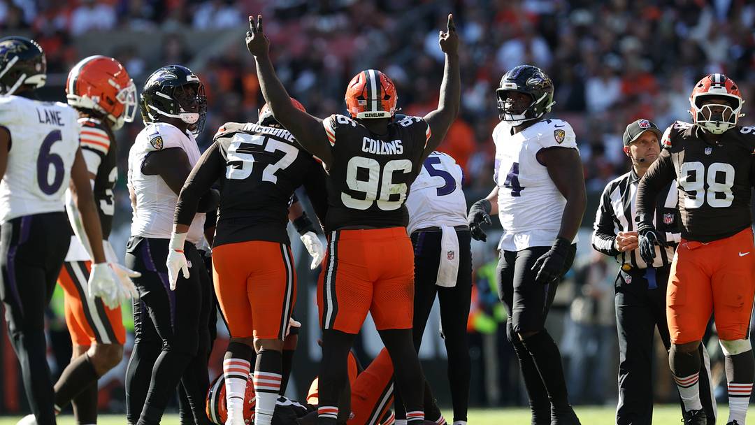 Oct 18, 2026; Cleveland, Ohio, USA;  Cleveland Browns defensive tackle Maliek Collins (96) reacts after a play in the third quarter against the Baltimore Ravensat Huntington Bank Field.  Mandatory Credit: Scott Galvin-Imagn Images