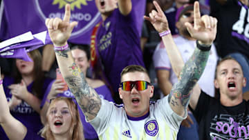 Nov 24, 2024; Orlando, Florida, USA; Orlando City fans cheer following a win over Atlanta United in a 2024 MLS Cup conference semifinal match at Inter&Co Stadium. Mandatory Credit: Nathan Ray Seebeck-Imagn Images
