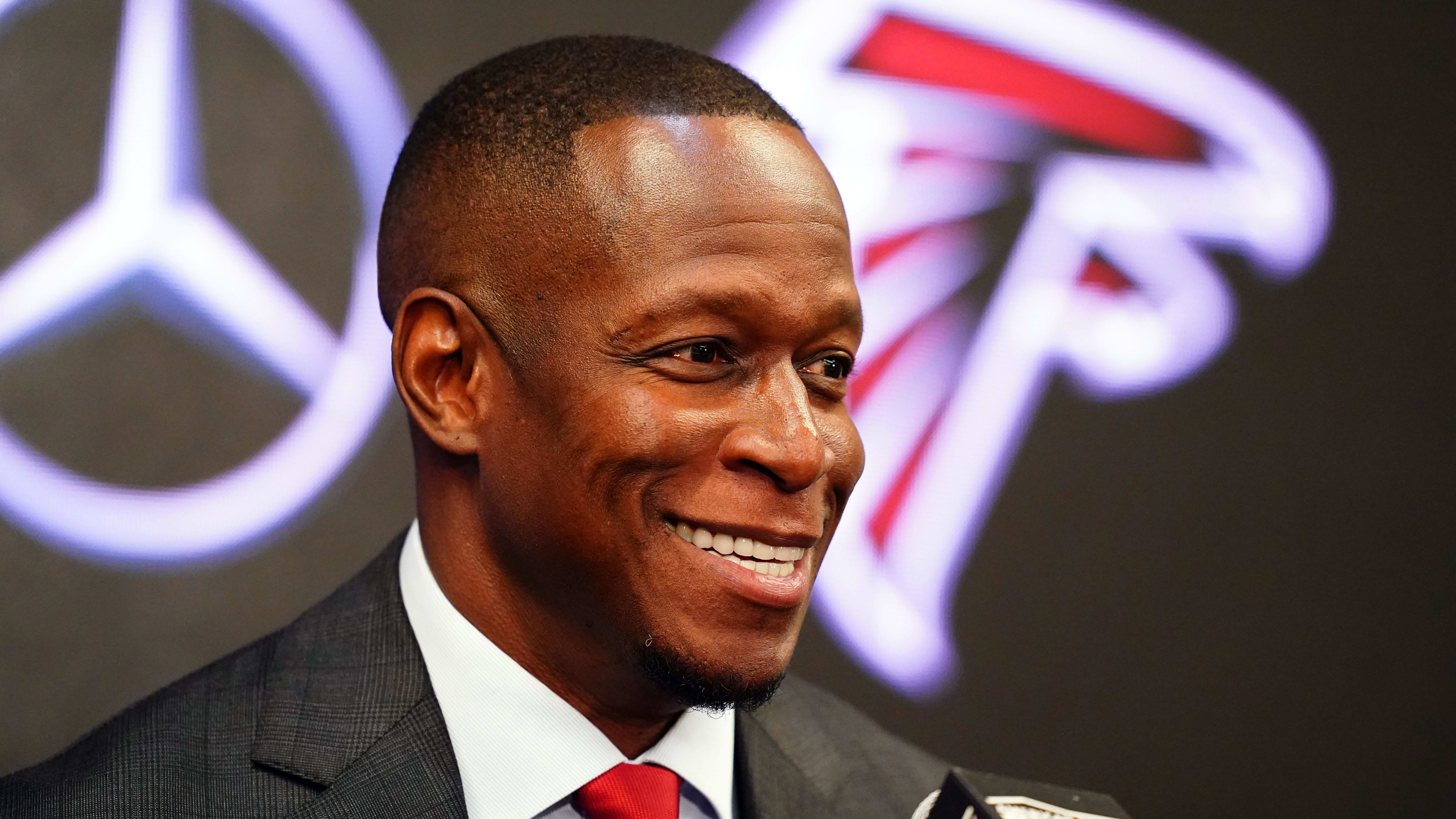 Feb 5, 2024; Atlanta, GA, USA; Raheem Morris is introduced as the new head coach of the Falcons.