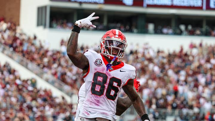 Nov 8, 2025; Starkville, Mississippi, USA; Georgia Bulldogs wide receiver Dillon Bell (86) reacts after a touchdown against the Mississippi State Bulldogs during the first half at Davis Wade Stadium at Scott Field. Mandatory Credit: Wesley Hale-Imagn Images