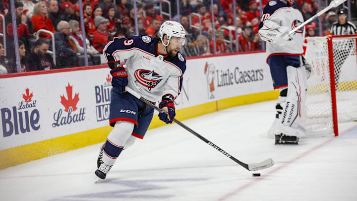 sMar 19, 2024; Detroit, Michigan, USA; Columbus Blue Jackets defenseman Ivan Provorov (9) handles the puck during the third period of the game against the Columbus Blue Jackets at Little Caesars Arena. Mandatory Credit: Brian Bradshaw Sevald-Imagn Images