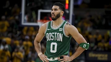 May 27, 2024; Indianapolis, Indiana, USA; Boston Celtics forward Jayson Tatum (0) during the fourth quarter during game four of the eastern conference finals for the 2024 NBA playoffs at Gainbridge Fieldhouse. Mandatory Credit: Trevor Ruszkowski-Imagn Images