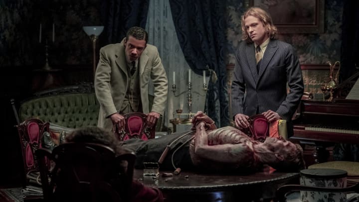 Sam Reid as Lestat De Lioncourt, Jacob Anderson as Louis De Point Du Lac and Bailey Bass as Claudia - Interview with the Vampire _ Season 1, Episode 5 - Photo Credit: Alfonso Bresciani/AMC