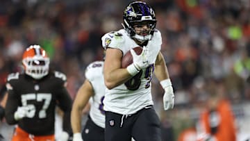 Nov 16, 2025; Cleveland, Ohio, USA; Baltimore Ravens tight end Mark Andrews (89) runs for a touchdown during the fourth quarter against the Cleveland Browns at Huntington Bank Field. Mandatory Credit: Scott Galvin-Imagn Images