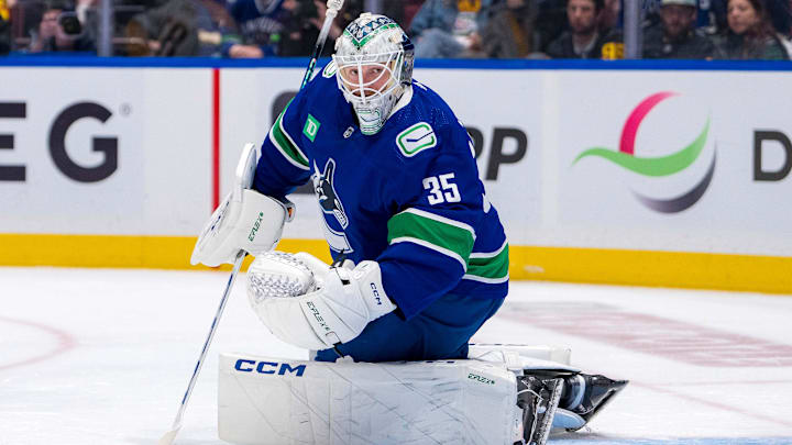 Apr 21, 2024; Vancouver, British Columbia, CAN; Vancouver Canucks goalie Thatcher Demko (35) watches the rebound against the Nashville Predators in game one of the first round of the 2024 Stanley Cup Playoffs at Rogers Arena. Mandatory Credit: Bob Frid-Imagn Images