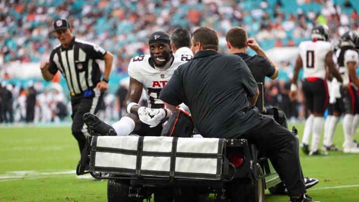 Atlanta Falcons safety DeMarcco Hellams was carted off the field Friday against the Miami Dolphins in the preseason opener.