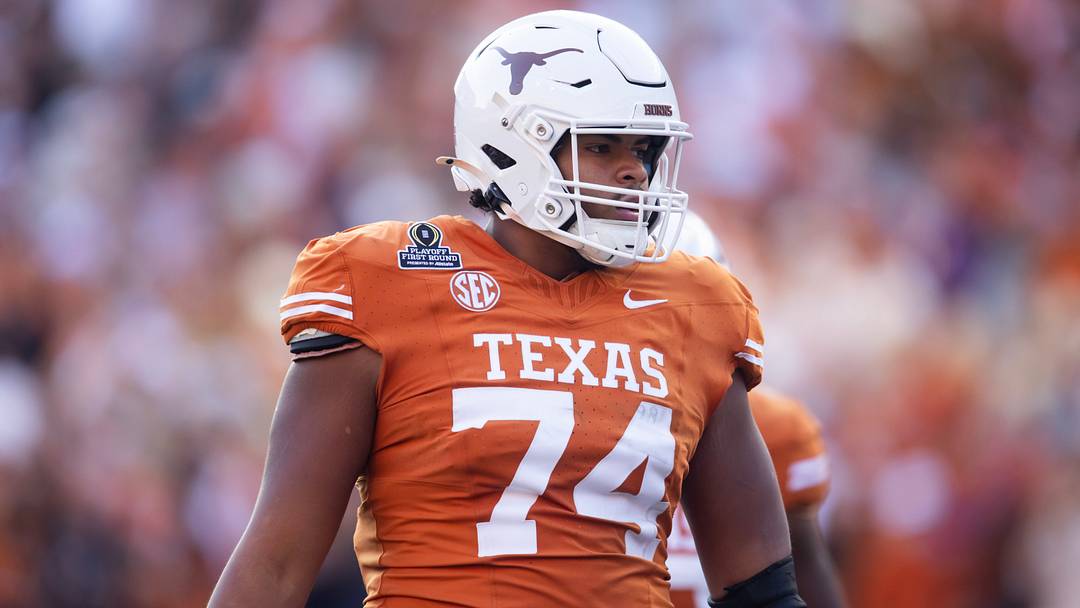 Dec 21, 2024; Austin, Texas, USA; Texas Longhorns offensive lineman Trevor Goosby (74) against the Clemson Tigers during the CFP National playoff first round at Darrell K Royal-Texas Memorial Stadium. Mandatory Credit: Mark J. Rebilas-Imagn Images