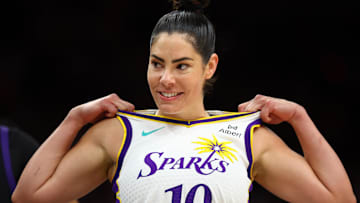 Sep 9, 2025; Phoenix, Arizona, USA; Los Angeles Sparks guard Kelsey Plum (10) against the Phoenix Mercury during a WNBA game at PHX Arena. Mandatory Credit: Mark J. Rebilas-Imagn Images