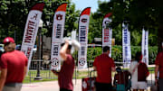 Banners with SEC schools are pictured outside Gaylord Family-Oklahoma Memorial Stadium in Norman