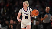 Dec 8, 2024; Fort Worth, Texas, USA; TCU Horned Frogs guard Hailey Van Lith (10) dribbles the ball upcourt against the South Carolina Gamecocks during the second half at Dickies Arena. Mandatory Credit: Chris Jones-Imagn Images
