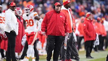 Jan 5, 2025; Denver, Colorado, USA; Kansas City Chiefs head coach Andy Reid during the second quarter against the Kansas City Chiefs at Empower Field at Mile High. Mandatory Credit: Ron Chenoy-Imagn Images
