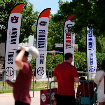 Banners with SEC schools are pictured outside Gaylord Family-Oklahoma Memorial Stadium in Norman