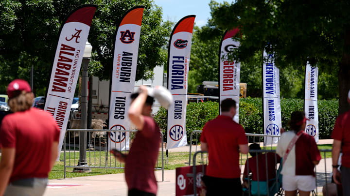 Banners with SEC schools are pictured outside Gaylord Family-Oklahoma Memorial Stadium in Norman