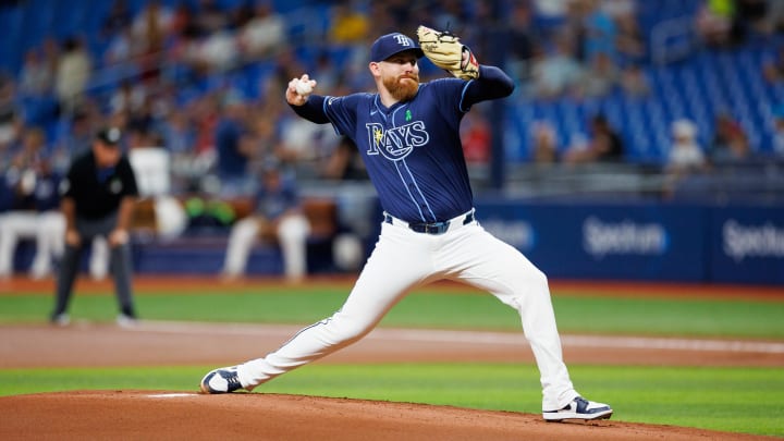 May 28, 2024; St. Petersburg, Florida, USA;  Tampa Bay Rays pitcher Zack Littell (52) throws a pitch against the Oakland Athletics in the first inning at Tropicana Field. Mandatory Credit: Nathan Ray Seebeck-USA TODAY Sports
