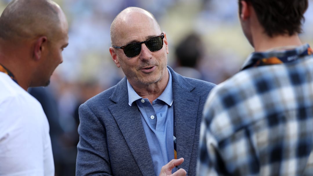 Oct 26, 2024; Los Angeles, California, USA; New York Yankees general manger Brian Cashman before game two of the 2024 MLB World Series at Dodger Stadium. Mandatory Credit: Kiyoshi Mio-Imagn Images
