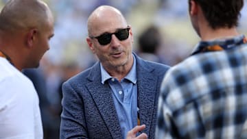 Oct 26, 2024; Los Angeles, California, USA; New York Yankees general manger Brian Cashman before game two of the 2024 MLB World Series at Dodger Stadium. Mandatory Credit: Kiyoshi Mio-Imagn Images