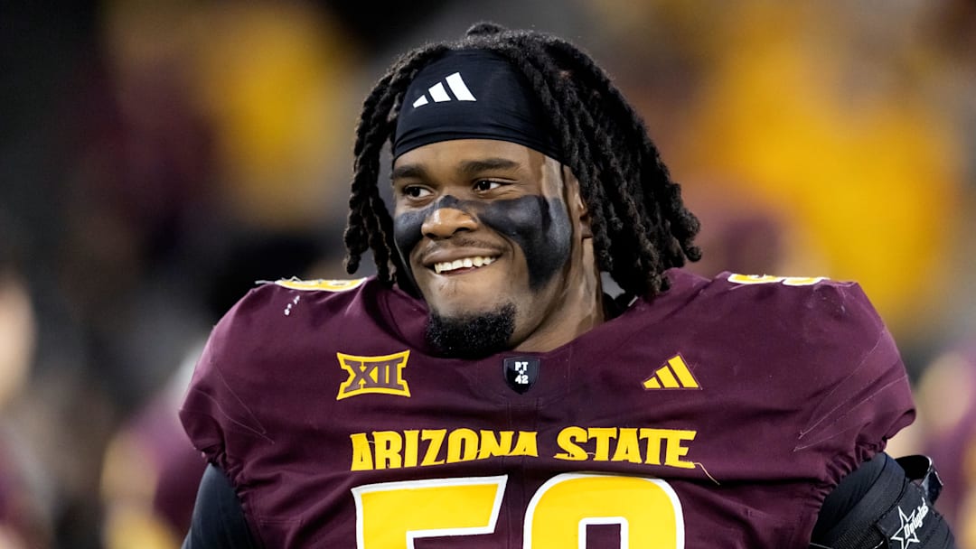 Nov 28, 2025; Tempe, Arizona, USA; Arizona State Sun Devils offensive lineman Max Iheanachor (58) against the Arizona Wildcats during the 99th Territorial Cup at Mountain America Stadium. Mandatory Credit: Mark J. Rebilas-Imagn Images