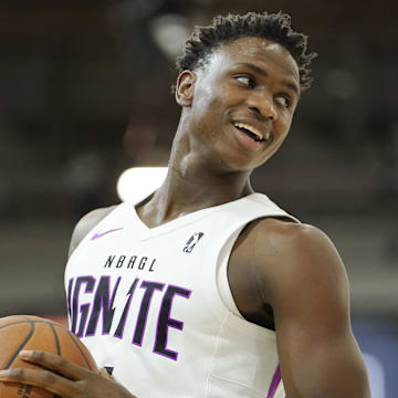 Dec 20, 2022; Las Vegas, NV, USA; NBA G League Ignite guard Babacar Sane (4) reacts during the first half against the Motor City Cruise at Mandalay Bay Convention Center.  Mandatory Credit: Lucas Peltier-Imagn Images