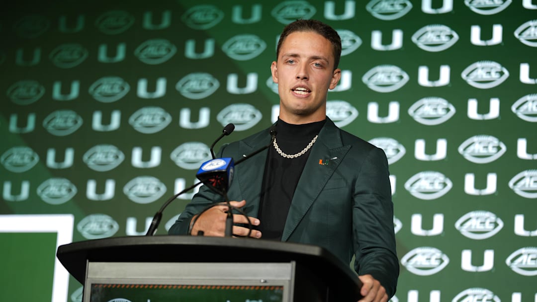 Jul 22, 2025; Charlotte, NC, USA; Miami quarterback Carson Beck answers questions from the media during ACC Media Days at Hilton Charlotte Uptown. Mandatory Credit: Jim Dedmon-Imagn Images
