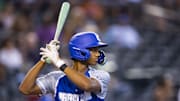Aug 28, 2022; Phoenix, Arizona, US; East infielder Arjun Nimmala (22) during the Perfect Game All-American Classic high school baseball game at Chase Field.
