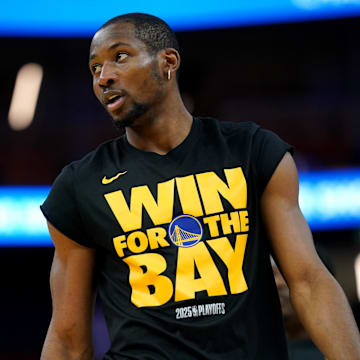 May 12, 2025; San Francisco, California, USA; Golden State Warriors forward Jonathan Kuminga (00) stands on the court during warmups against the Minnesota Timberwolves during game four of the second round for the 2025 NBA Playoffs at Chase Center. Mandatory Credit: Cary Edmondson-Imagn Images