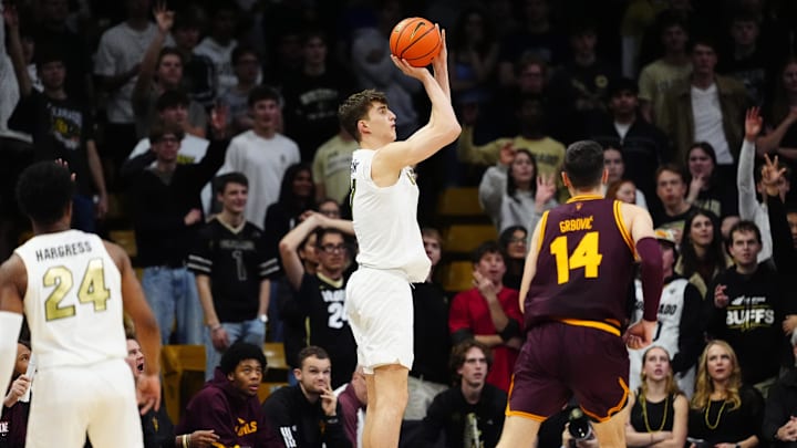 Feb 7, 2026; Boulder, Colorado, USA; Colorado Buffaloes forward Sebastian Rancik (7) lines up a three point basket in the first half against the Arizona State Sun Devils at the CU Events Center. Mandatory Credit: Ron Chenoy-Imagn Images