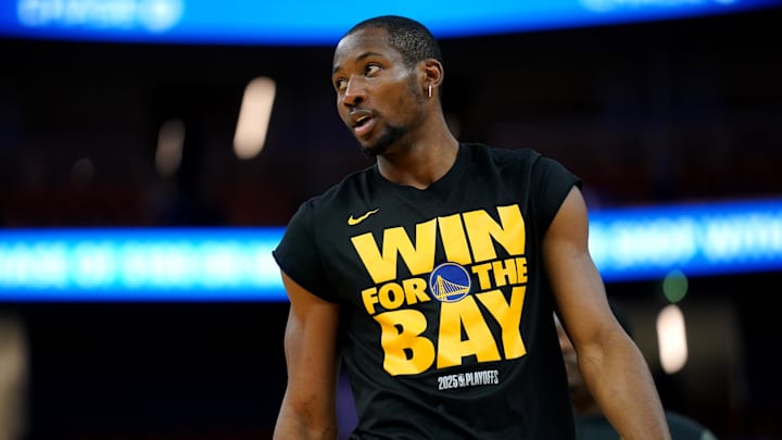 May 12, 2025; San Francisco, California, USA; Golden State Warriors forward Jonathan Kuminga (00) stands on the court during warmups against the Minnesota Timberwolves during game four of the second round for the 2025 NBA Playoffs at Chase Center. Mandatory Credit: Cary Edmondson-Imagn Images