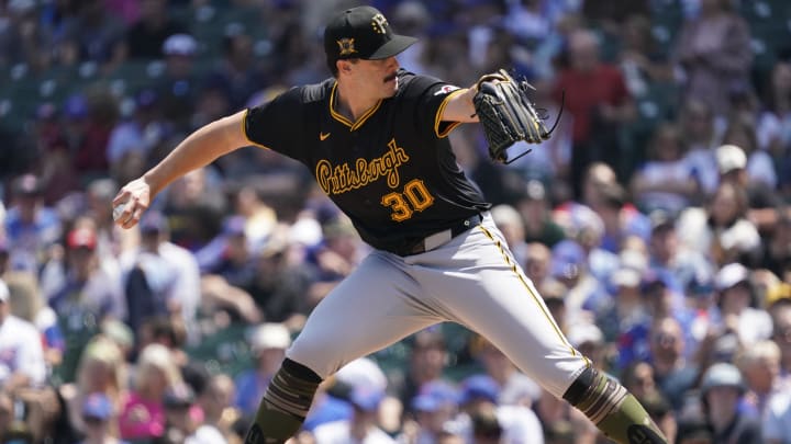 Pittsburgh Pirates pitcher Paul Skenes (30) throws the ball against the Chicago Cubs during the first inning at Wrigley Field. 