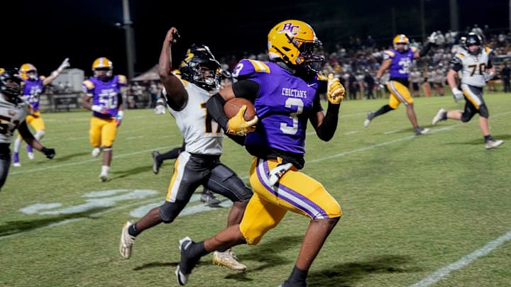 Bibb County's Antonious Steele (3) runs for a long touchdown that was called back due to a penalty against Opp at Bibb County High during the first round of the AHSAA high school football playoffs Friday Nov. 8, 2024. Bibb County's Antonious Steele (3) runs for a long touchdown that was called back due to a penalty against Opp at Bibb County High during the first round of the AHSAA high school football playoffs Friday Nov. 8, 2024.