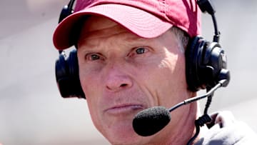 Oklahoma head football coach Brent Venables speaks on the radio during the University of Oklahoma Sooners Crimson Combine at Gaylord Family