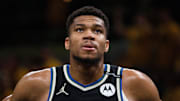 Giannis Antetokounmpo looks up during a first-round playoff game against the Pacers.