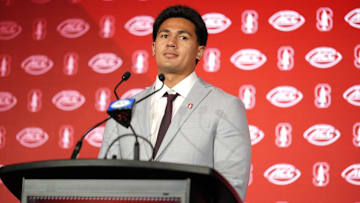 Jul 22, 2025; Charlotte, NC, USA; Stanford offensive lineman Tevarua Tafiti answers questions from the media during ACC Media Days at Hilton Charlotte Uptown. Mandatory Credit: Jim Dedmon-Imagn Images