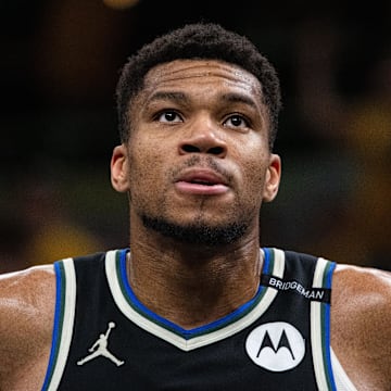 Giannis Antetokounmpo looks up during a first-round playoff game against the Pacers.