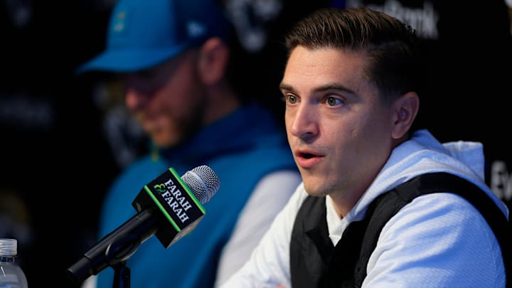 Jacksonville Jaguars general manager James Gladstone speaks during a press conference next to head coach Liam Coen at the Miller Electric Center, Wednesday, Jan. 14, 2026, in Jacksonville, Fla.