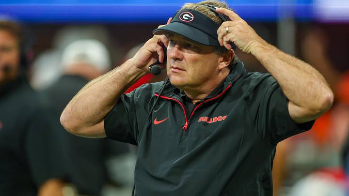Aug 31, 2024; Atlanta, Georgia, USA; Georgia Bulldogs head coach Kirby Smart on the field before a game against the Clemson Tigers at Mercedes-Benz Stadium. Mandatory Credit: Brett Davis-Imagn Images
