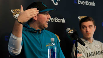Jacksonville Jaguars head coach Liam Coen, left, speaks during a press conference next to general manager James Gladstone at Miller Electric Center Tuesday, April 15, 2025 in Jacksonville, Fla. [Corey Perrine/Florida Times-Union]